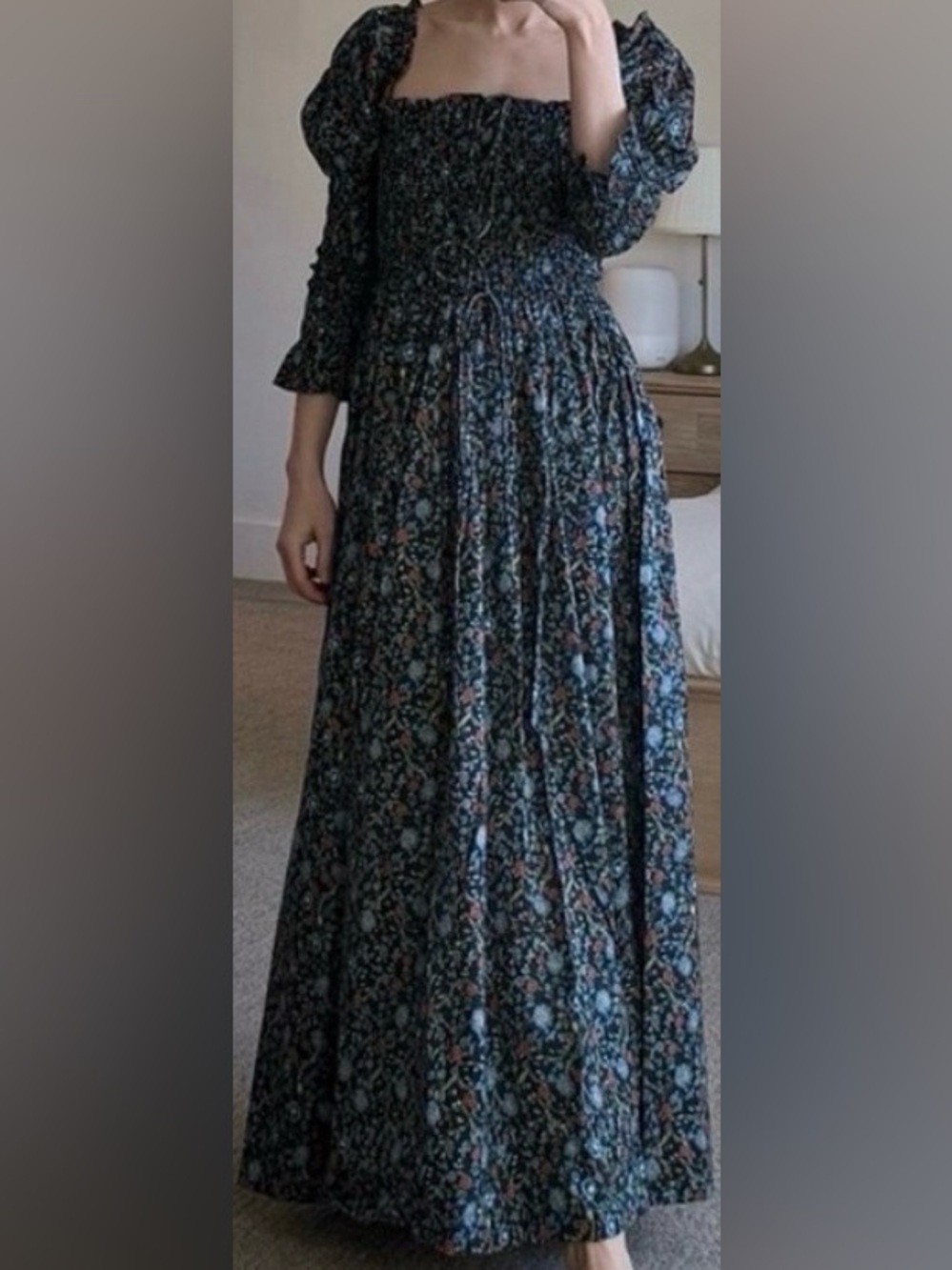 Doen Smocked Square Neck Floral Maxi Dress in Navy - Picture 5 of 5